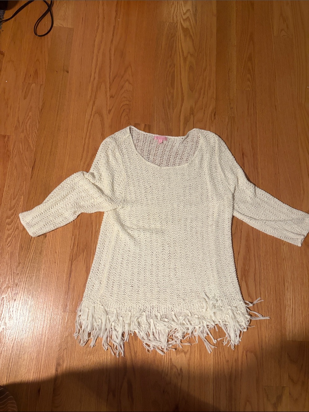 Lilly Pulitzer Cream Open-Weave Fringe Scoop Neck Sweater